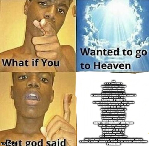 If god was honest | FUCK DID YOU JUST FUCKING SAY ABOUT ME, YOU LITTLE BITCH? I’LL HAVE YOU KNOW I GRADUATED TOP OF MY CLASS IN THE NAVY SEALS, AND I’VE BEEN INVOLVED IN NUMEROUS SECRET RAIDS ON AL-QUAEDA, AND I HAVE OVER 300 CONFIRMED KILLS.

I AM TRAINED IN GORILLA WARFARE AND I’M THE TOP SNIPER IN THE ENTIRE US ARMED FORCES. YOU ARE NOTHING TO ME BUT JUST ANOTHER TARGET. I WILL WIPE YOU THE FUCK OUT WITH PRECISION THE LIKES OF WHICH HAS NEVER BEEN SEEN BEFORE ON THIS EARTH, MARK MY FUCKING WORDS.

YOU THINK YOU CAN GET AWAY WITH SAYING THAT SHIT TO ME OVER THE INTERNET? THINK AGAIN, FUCKER. AS WE SPEAK I AM CONTACTING MY SECRET NETWORK OF SPIES ACROSS THE USA AND YOUR IP IS BEING TRACED RIGHT NOW SO YOU BETTER PREPARE FOR THE STORM, MAGGOT. THE STORM THAT WIPES OUT THE PATHETIC LITTLE THING YOU CALL YOUR LIFE. YOU’RE FUCKING DEAD, KID. I CAN BE ANYWHERE, ANYTIME, AND I CAN KILL YOU IN OVER SEVEN HUNDRED WAYS, AND THAT’S JUST WITH MY BARE HANDS.

NOT ONLY AM I EXTENSIVELY TRAINED IN UNARMED COMBAT, BUT I HAVE ACCESS TO THE ENTIRE ARSENAL OF THE UNITED STATES MARINE CORPS AND I WILL USE IT TO ITS FULL EXTENT TO WIPE YOUR MISERABLE ASS OFF THE FACE OF THE CONTINENT, YOU LITTLE SHIT. IF ONLY YOU COULD HAVE KNOWN WHAT UNHOLY RETRIBUTION YOUR LITTLE “CLEVER” COMMENT WAS ABOUT TO BRING DOWN UPON YOU, MAYBE YOU WOULD HAVE HELD YOUR FUCKING TONGUE.

BUT YOU COULDN’T, YOU DIDN’T, AND NOW YOU’RE PAYING THE PRICE, YOU GODDAMN IDIOT. I WILL SHIT FURY ALL OVER YOU AND YOU WILL DROWN IN IT.

YOU’RE FUCKING DEAD, KIDDO. | image tagged in what if you wanted to go to heaven | made w/ Imgflip meme maker