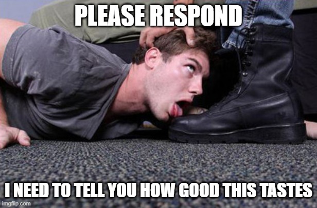 Bootlicker | PLEASE RESPOND; I NEED TO TELL YOU HOW GOOD THIS TASTES | image tagged in bootlicker | made w/ Imgflip meme maker