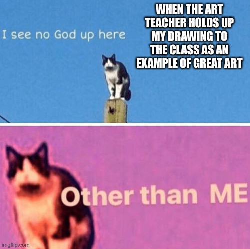 Hail pole cat | WHEN THE ART TEACHER HOLDS UP MY DRAWING TO THE CLASS AS AN EXAMPLE OF GREAT ART | image tagged in hail pole cat | made w/ Imgflip meme maker