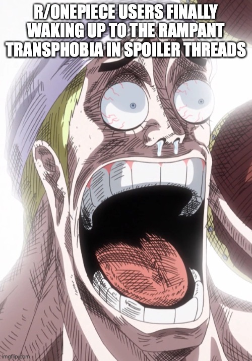 One Piece Enel Shocked | R/ONEPIECE USERS FINALLY WAKING UP TO THE RAMPANT TRANSPHOBIA IN SPOILER THREADS | image tagged in one piece enel shocked | made w/ Imgflip meme maker