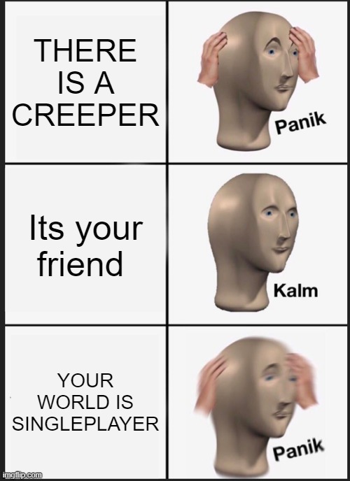 CREEPER | THERE IS A CREEPER; Its your friend; YOUR WORLD IS SINGLEPLAYER | image tagged in memes,panik kalm panik | made w/ Imgflip meme maker