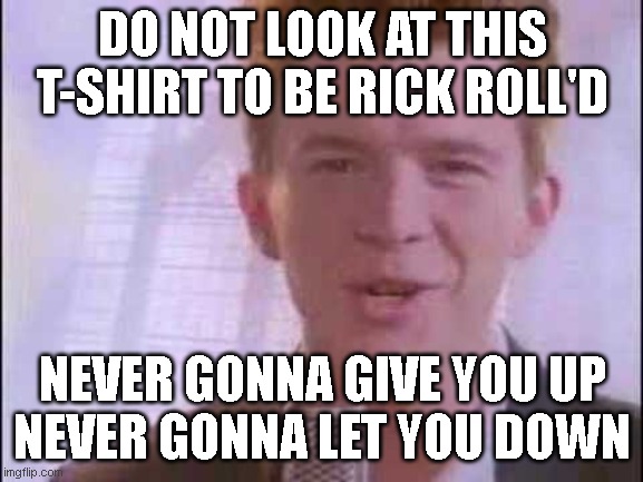 e | DO NOT LOOK AT THIS T-SHIRT TO BE RICK ROLL'D; NEVER GONNA GIVE YOU UP
NEVER GONNA LET YOU DOWN | image tagged in memes | made w/ Imgflip meme maker