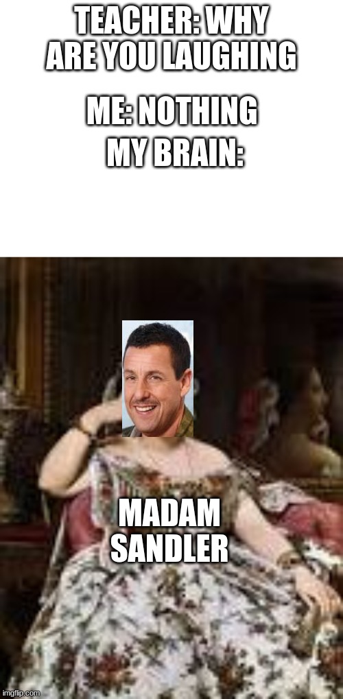 ME: NOTHING; TEACHER: WHY ARE YOU LAUGHING; MY BRAIN:; MADAM SANDLER | image tagged in blank white template | made w/ Imgflip meme maker