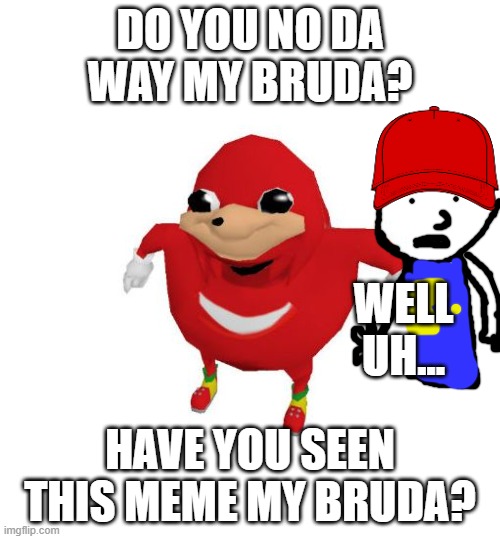 my bruda | DO YOU NO DA WAY MY BRUDA? WELL UH... HAVE YOU SEEN THIS MEME MY BRUDA? | image tagged in ugandan knuckles | made w/ Imgflip meme maker
