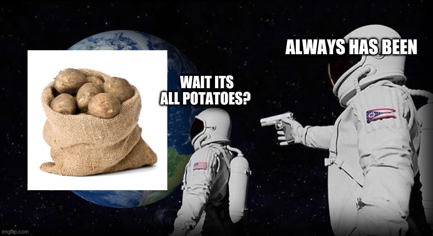 potato | ALWAYS HAS BEEN; WAIT ITS ALL POTATOES? | image tagged in funny memes | made w/ Imgflip meme maker