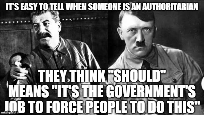 IT'S EASY TO TELL WHEN SOMEONE IS AN AUTHORITARIAN THEY THINK "SHOULD" MEANS "IT'S THE GOVERNMENT'S JOB TO FORCE PEOPLE TO DO THIS" | image tagged in adolf hitler,stalin | made w/ Imgflip meme maker