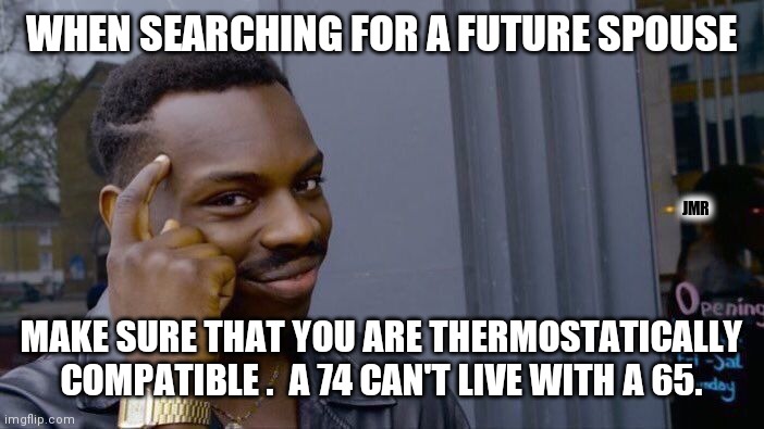 Words To Live By | WHEN SEARCHING FOR A FUTURE SPOUSE; JMR; MAKE SURE THAT YOU ARE THERMOSTATICALLY COMPATIBLE .  A 74 CAN'T LIVE WITH A 65. | image tagged in roll safe think about it,temperature,dating,spouse | made w/ Imgflip meme maker