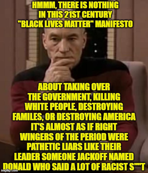 picard thinking | HMMM, THERE IS NOTHING IN THIS 21ST CENTURY "BLACK LIVES MATTER" MANIFESTO; ABOUT TAKING OVER THE GOVERNMENT, KILLING WHITE PEOPLE, DESTROYING FAMILES, OR DESTROYING AMERICA IT'S ALMOST AS IF RIGHT WINGERS OF THE PERIOD WERE PATHETIC LIARS LIKE THEIR LEADER SOMEONE JACKOFF NAMED DONALD WHO SAID A LOT OF RACIST S""T | image tagged in picard thinking | made w/ Imgflip meme maker