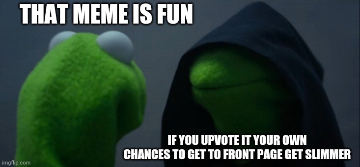 Me and my conscience. | THAT MEME IS FUN; IF YOU UPVOTE IT YOUR OWN CHANCES TO GET TO FRONT PAGE GET SLIMMER | image tagged in memes,evil kermit | made w/ Imgflip meme maker