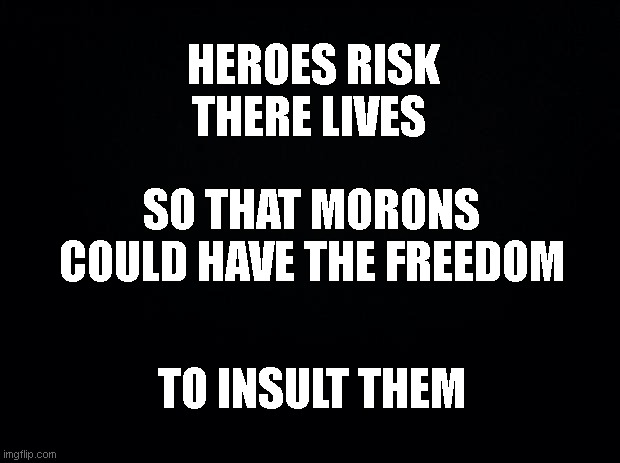 america | HEROES RISK THERE LIVES; SO THAT MORONS COULD HAVE THE FREEDOM; TO INSULT THEM | image tagged in black background,moron,america,veterans | made w/ Imgflip meme maker