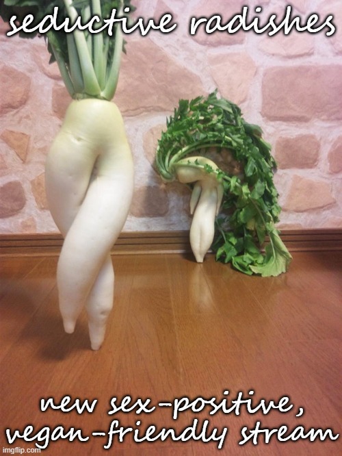 New stream for celebrating the world's sexiest radishes. Only built for true connoisseurs. | seductive radishes; new sex-positive, vegan-friendly stream | image tagged in seductive radish 2,latest stream,meme stream,sexy,vegan,vegan logic | made w/ Imgflip meme maker