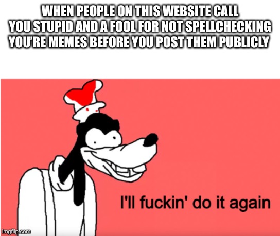 Crazy Goofy | WHEN PEOPLE ON THIS WEBSITE CALL YOU STUPID AND A FOOL FOR NOT SPELLCHECKING YOU’RE MEMES BEFORE YOU POST THEM PUBLICLY | image tagged in goofy | made w/ Imgflip meme maker