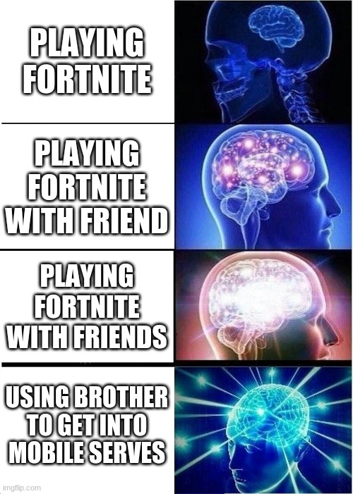 Expanding Brain | PLAYING FORTNITE; PLAYING FORTNITE WITH FRIEND; PLAYING FORTNITE WITH FRIENDS; USING BROTHER TO GET INTO MOBILE SERVES | image tagged in memes,expanding brain | made w/ Imgflip meme maker