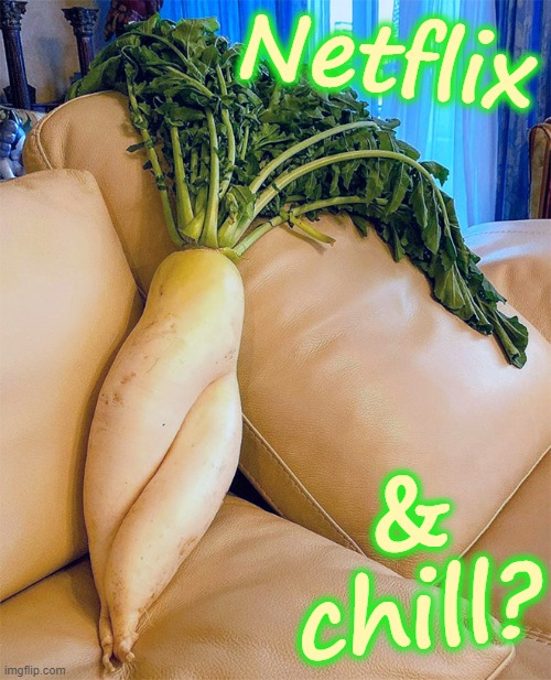 Who wouldn't wanna curl up with that | Netflix; & chill? | image tagged in seductive radish 11 | made w/ Imgflip meme maker