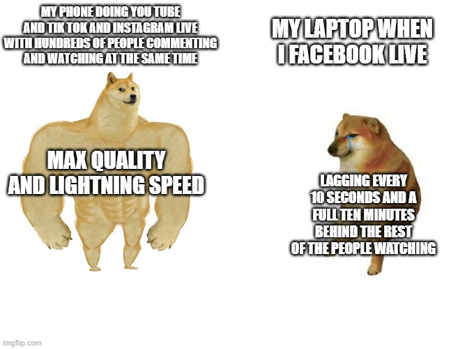 lagg | MY LAPTOP WHEN I FACEBOOK LIVE; MY PHONE DOING YOU TUBE AND TIK TOK AND INSTAGRAM LIVE WITH HUNDREDS OF PEOPLE COMMENTING AND WATCHING AT THE SAME TIME; MAX QUALITY AND LIGHTNING SPEED; LAGGING EVERY 10 SECONDS AND A FULL TEN MINUTES BEHIND THE REST OF THE PEOPLE WATCHING | image tagged in swole doge vs cheem big version | made w/ Imgflip meme maker