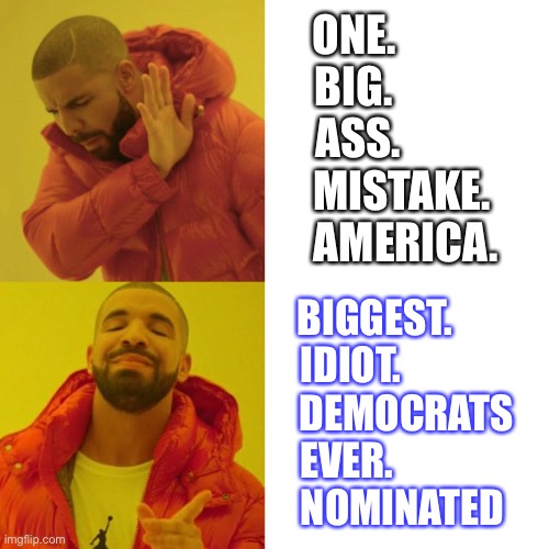 Obama vs Biden | ONE.            
BIG.            
ASS.           
MISTAKE. 
AMERICA. BIGGEST.        
IDIOT.              
DEMOCRATS
EVER.               
NOMINATED | image tagged in drake blank | made w/ Imgflip meme maker