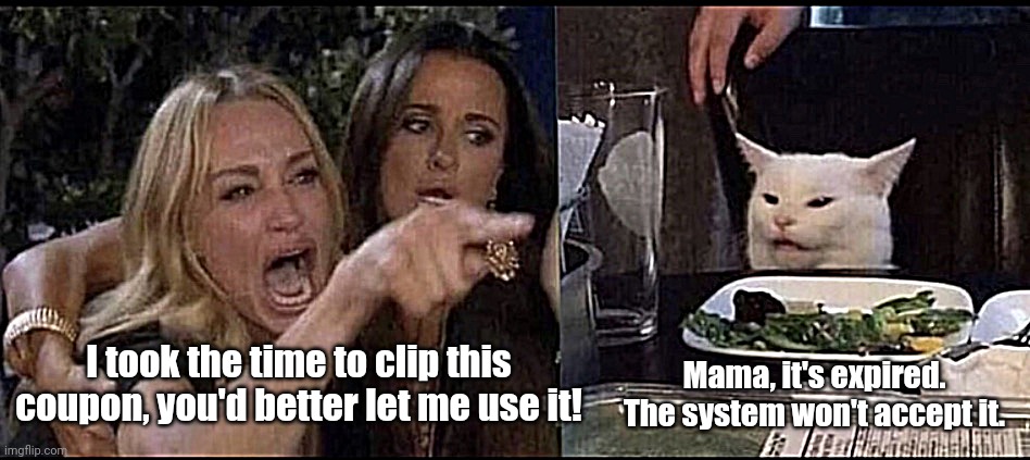 Karen Carpenter and Smudge Cat | I took the time to clip this coupon, you'd better let me use it! Mama, it's expired. The system won't accept it. | image tagged in karen carpenter and smudge cat | made w/ Imgflip meme maker