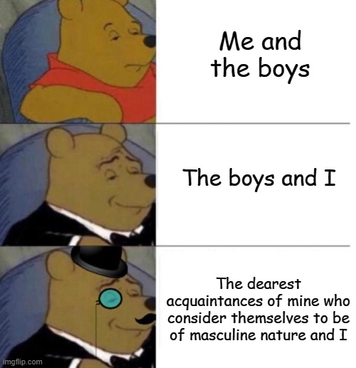 Tuxedo Winnie the Pooh (3 panel) | Me and the boys; The boys and I; The dearest acquaintances of mine who consider themselves to be of masculine nature and I | image tagged in tuxedo winnie the pooh 3 panel | made w/ Imgflip meme maker