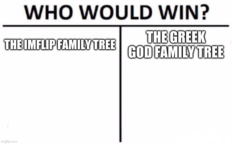 Which is more messed up? | THE IMFLIP FAMILY TREE; THE GREEK GOD FAMILY TREE | image tagged in memes,who would win | made w/ Imgflip meme maker