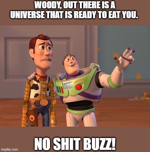 X, X Everywhere | WOODY, OUT THERE IS A UNIVERSE THAT IS READY TO EAT YOU. NO SHIT BUZZ! | image tagged in memes,x x everywhere | made w/ Imgflip meme maker