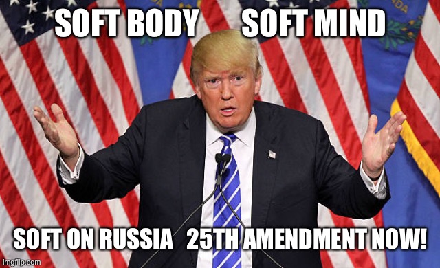 Soft Donny | SOFT BODY       SOFT MIND; SOFT ON RUSSIA   25TH AMENDMENT NOW! | image tagged in donald trump,trump,truth,president trump | made w/ Imgflip meme maker