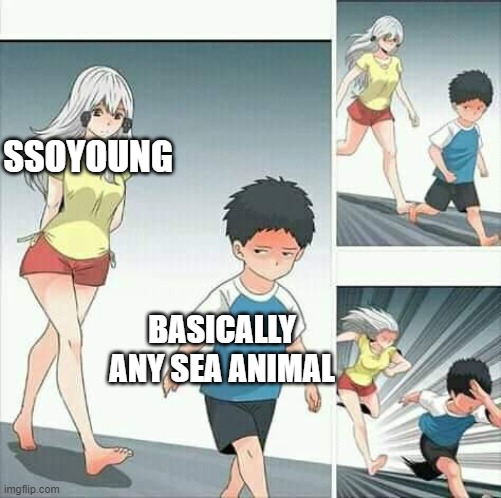 Anime boy running | SSOYOUNG; BASICALLY ANY SEA ANIMAL | image tagged in anime boy running | made w/ Imgflip meme maker