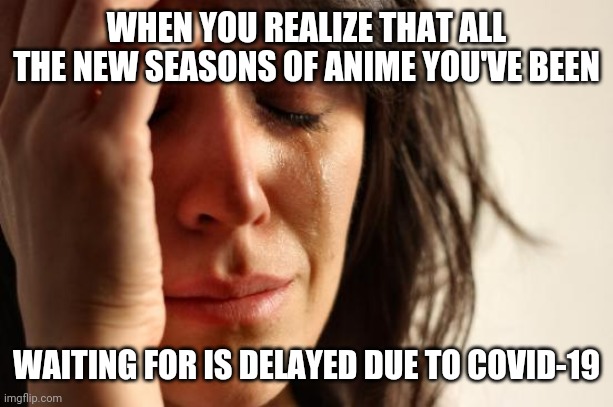 First World Problems | WHEN YOU REALIZE THAT ALL THE NEW SEASONS OF ANIME YOU'VE BEEN; WAITING FOR IS DELAYED DUE TO COVID-19 | image tagged in memes,first world problems,anime | made w/ Imgflip meme maker