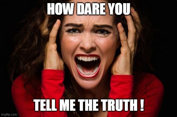 Screaming woman | HOW DARE YOU TELL ME THE TRUTH ! | image tagged in screaming woman | made w/ Imgflip meme maker