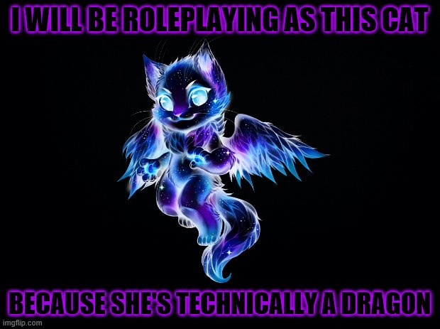 Black background | I WILL BE ROLEPLAYING AS THIS CAT; BECAUSE SHE'S TECHNICALLY A DRAGON | image tagged in black background | made w/ Imgflip meme maker