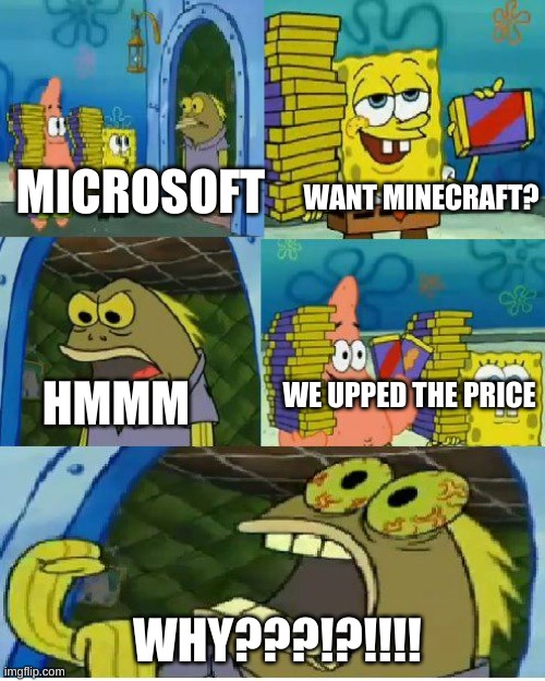Chocolate Spongebob | MICROSOFT; WANT MINECRAFT? HMMM; WE UPPED THE PRICE; WHY???!?!!!! | image tagged in memes,chocolate spongebob | made w/ Imgflip meme maker