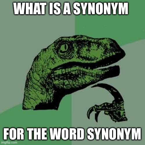 Philosoraptor Meme | WHAT IS A SYNONYM; FOR THE WORD SYNONYM | image tagged in memes,philosoraptor | made w/ Imgflip meme maker