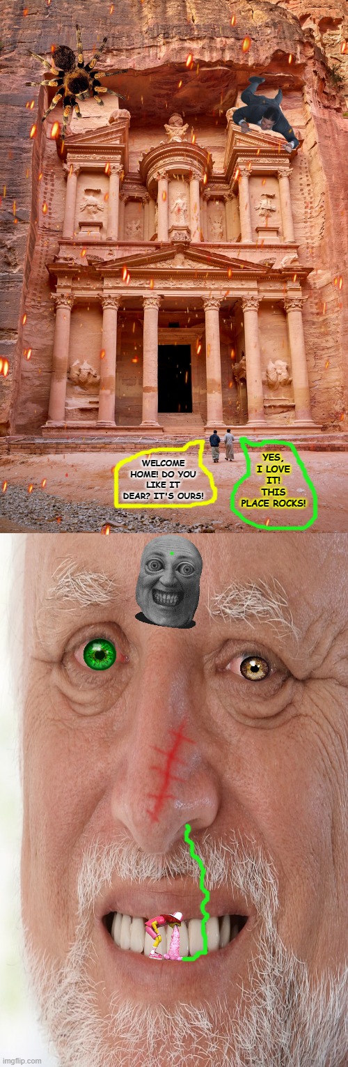 YES, I LOVE IT! THIS PLACE ROCKS! WELCOME HOME! DO YOU LIKE IT DEAR? IT'S OURS! | image tagged in from the hide the pain harold collection | made w/ Imgflip meme maker
