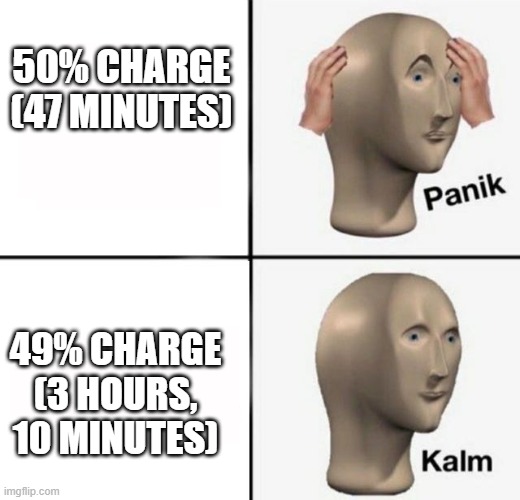 I must say, I don't feel so obliged to save charge now. | 50% CHARGE (47 MINUTES); 49% CHARGE (3 HOURS, 10 MINUTES) | image tagged in panik kalm,memes,funny,dank memes,logic,technology | made w/ Imgflip meme maker