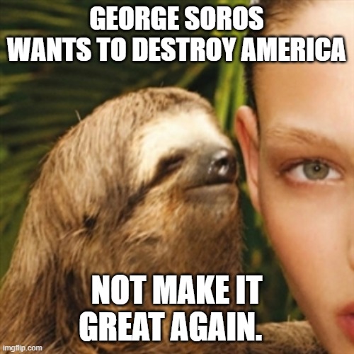 Whisper Sloth Meme | GEORGE SOROS WANTS TO DESTROY AMERICA NOT MAKE IT GREAT AGAIN. | image tagged in memes,whisper sloth | made w/ Imgflip meme maker