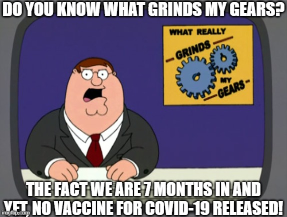 i was originally gonna use 'were halfway there' but this works too! | DO YOU KNOW WHAT GRINDS MY GEARS? THE FACT WE ARE 7 MONTHS IN AND YET, NO VACCINE FOR COVID-19 RELEASED! | image tagged in memes,peter griffin news,vaccine,2020,covid-19 | made w/ Imgflip meme maker