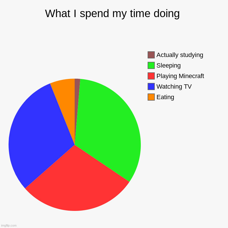 How I spend my day | What I spend my time doing | Eating, Watching TV, Playing Minecraft, Sleeping, Actually studying | image tagged in charts,pie charts | made w/ Imgflip chart maker