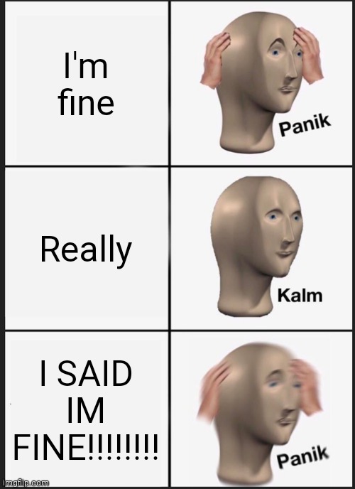 Yes | I'm fine; Really; I SAID IM FINE!!!!!!!! | image tagged in memes,panik kalm panik | made w/ Imgflip meme maker