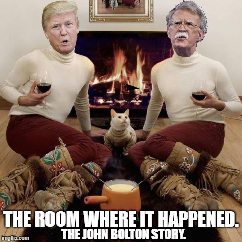 John Bolton The Room Where it Happened. Alternative Book cover. | THE ROOM WHERE IT HAPPENED. THE JOHN BOLTON STORY. | image tagged in two men and a cat,john bolton,donald trump,the room where it happened | made w/ Imgflip meme maker