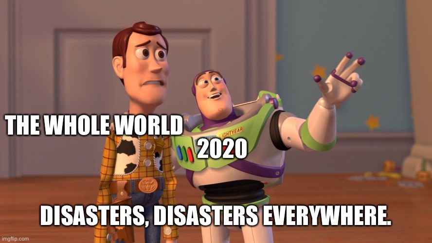Woody and Buzz Lightyear Everywhere Widescreen | THE WHOLE WORLD; 2020; DISASTERS, DISASTERS EVERYWHERE. | image tagged in woody and buzz lightyear everywhere widescreen | made w/ Imgflip meme maker