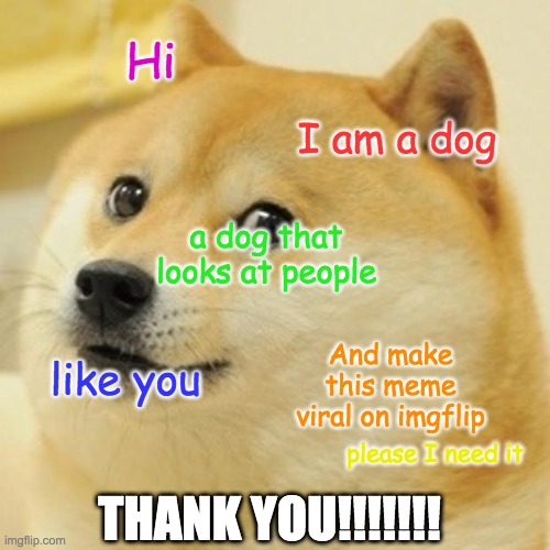 Doge | Hi; I am a dog; a dog that looks at people; And make this meme viral on imgflip; like you; please I need it; THANK YOU!!!!!!! | image tagged in memes,doge | made w/ Imgflip meme maker