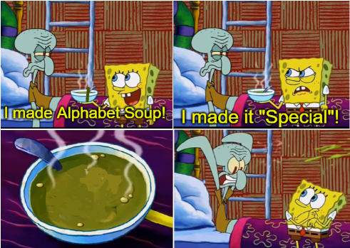 Caption this Meme. aka: spongebob alphabet soup, full alphabet soup. 