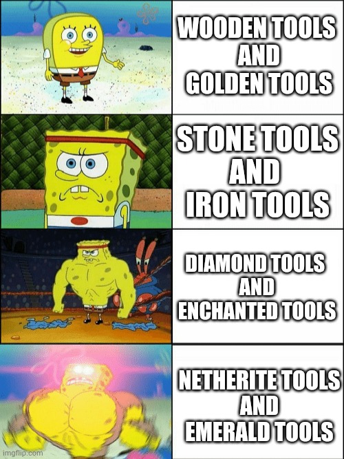 Minecraft Tools which better? | WOODEN TOOLS 
AND
GOLDEN TOOLS; STONE TOOLS
AND 
IRON TOOLS; DIAMOND TOOLS 
AND
ENCHANTED TOOLS; NETHERITE TOOLS
AND
EMERALD TOOLS | image tagged in increasingly buff spongebob | made w/ Imgflip meme maker