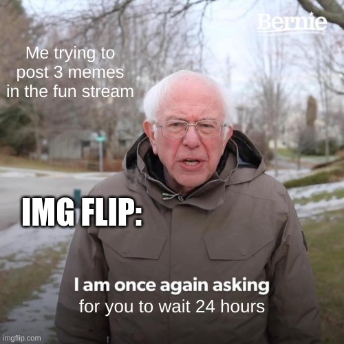 So annoying doe | Me trying to post 3 memes in the fun stream; IMG FLIP:; for you to wait 24 hours | image tagged in memes,bernie i am once again asking for your support | made w/ Imgflip meme maker