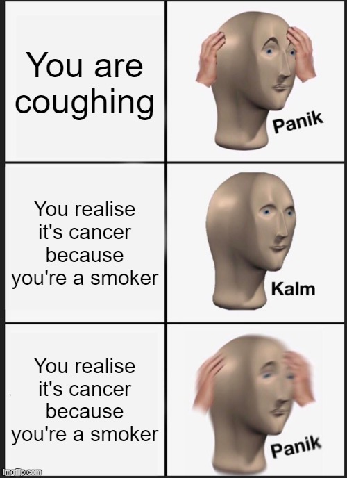 Disclaimer: Smoking is Gay | You are coughing; You realise it's cancer because you're a smoker; You realise it's cancer because you're a smoker | image tagged in memes,panik kalm panik | made w/ Imgflip meme maker