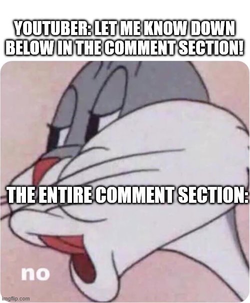 Bugs Bunny No | YOUTUBER: LET ME KNOW DOWN BELOW IN THE COMMENT SECTION! THE ENTIRE COMMENT SECTION: | image tagged in bugs bunny no | made w/ Imgflip meme maker