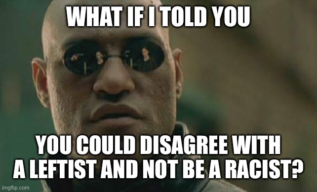 Leftists | WHAT IF I TOLD YOU; YOU COULD DISAGREE WITH A LEFTIST AND NOT BE A RACIST? | image tagged in memes,matrix morpheus | made w/ Imgflip meme maker