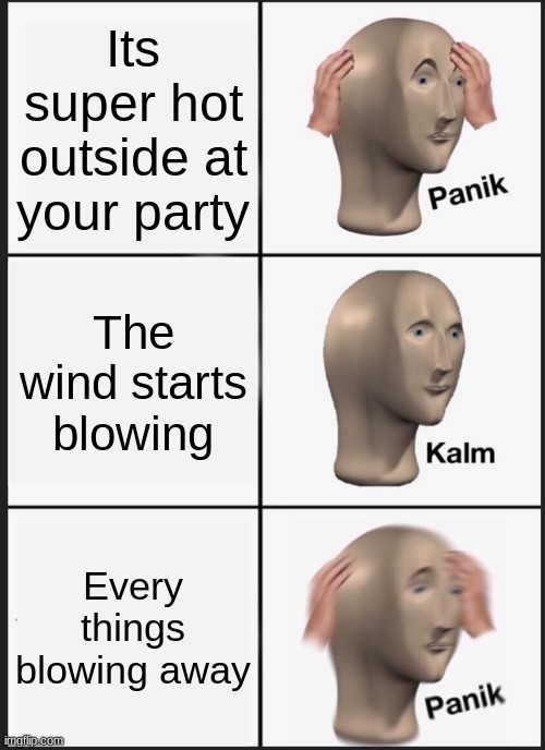 Panik Kalm Panik Meme | Its super hot outside at your party; The wind starts blowing; Every things blowing away | image tagged in memes,panik kalm panik | made w/ Imgflip meme maker