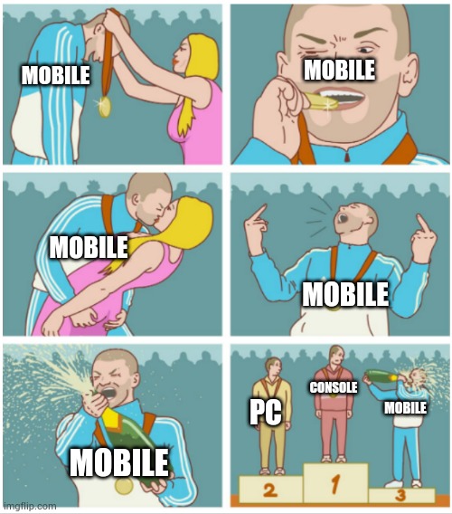 Hi | MOBILE; MOBILE; MOBILE; MOBILE; CONSOLE; PC; MOBILE; MOBILE | image tagged in 3th place | made w/ Imgflip meme maker