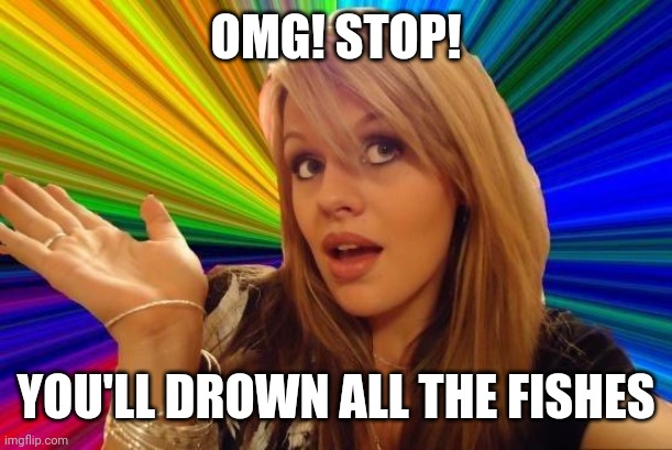 Dumb Blonde Meme | OMG! STOP! YOU'LL DROWN ALL THE FISHES | image tagged in memes,dumb blonde | made w/ Imgflip meme maker