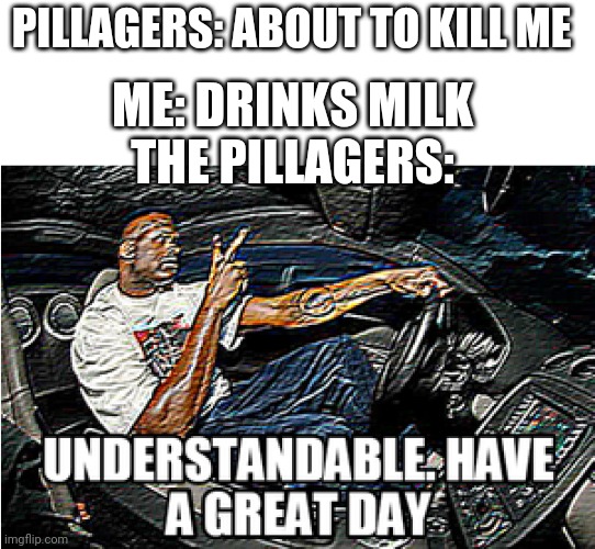 UNDERSTANDABLE, HAVE A GREAT DAY | PILLAGERS: ABOUT TO KILL ME; ME: DRINKS MILK
THE PILLAGERS: | image tagged in understandable have a great day | made w/ Imgflip meme maker
